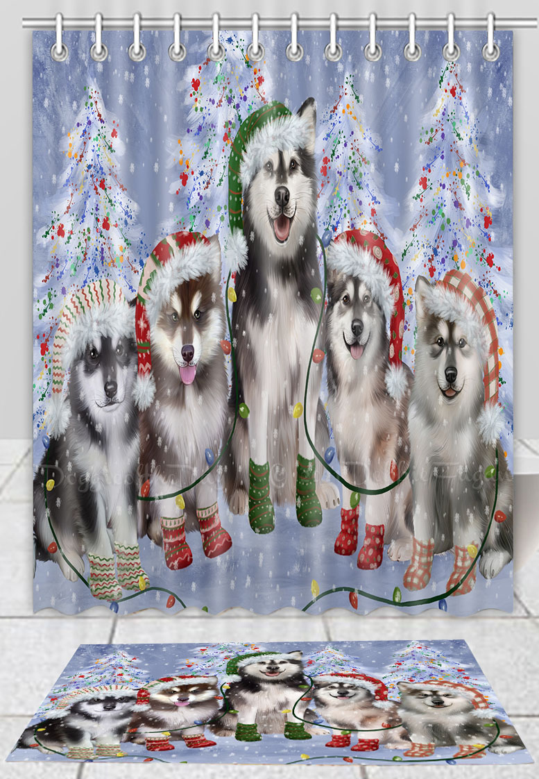 Set tappetino bagno e tenda doccia per cani Alaskan Malamute Natale personalizzato nuovo con etichette - Foto 18 di 24