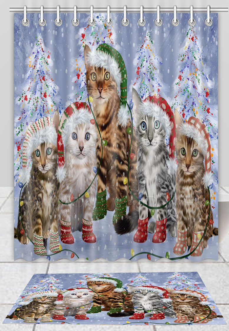Bengalische Katze Badematte & Duschvorhang Set Weihnachten personalisiert Neu mit Etikett - Bild 17 von 23