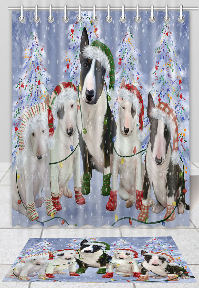 Bull Terrier Dog Bath Mat & Shower Curtain Set Christmas Personalized Design NWT