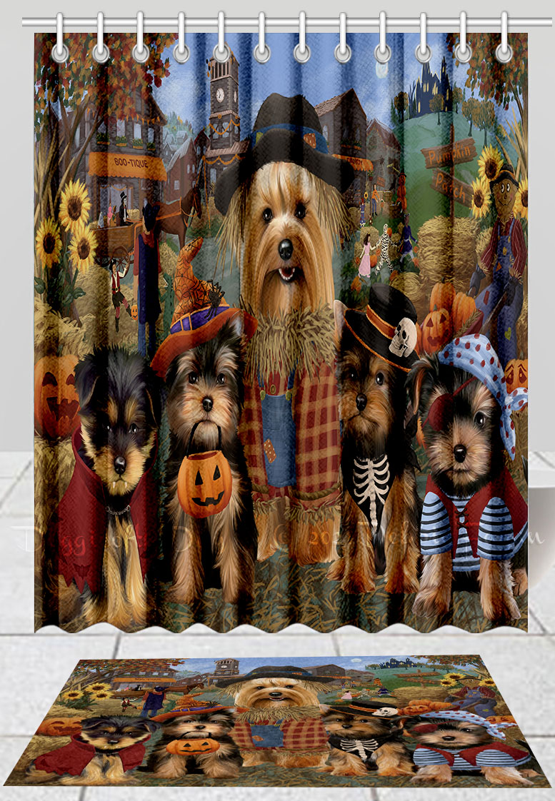 Halloween Yorkshire Terrier Dog Bath Mat & Shower Curtain Combo Bathtub Screens - Picture 11 of 13