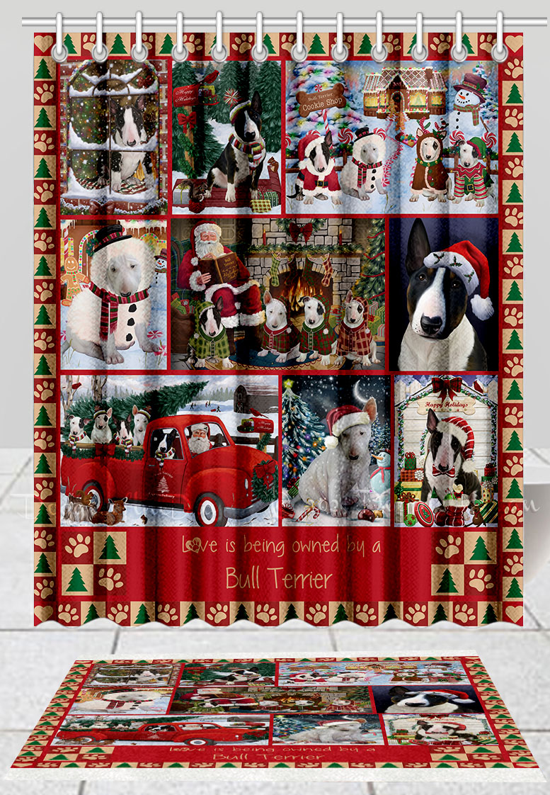 Bull Terrier Dog Bath Mat & Shower Curtain Set Christmas Personalized Design NWT