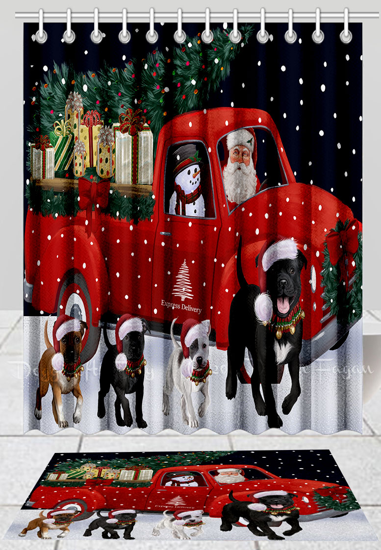Stafforshire Bull Terrier Dog Christmas Bathtub Shower Curtain & Bath Mat Combo - Picture 3 of 3