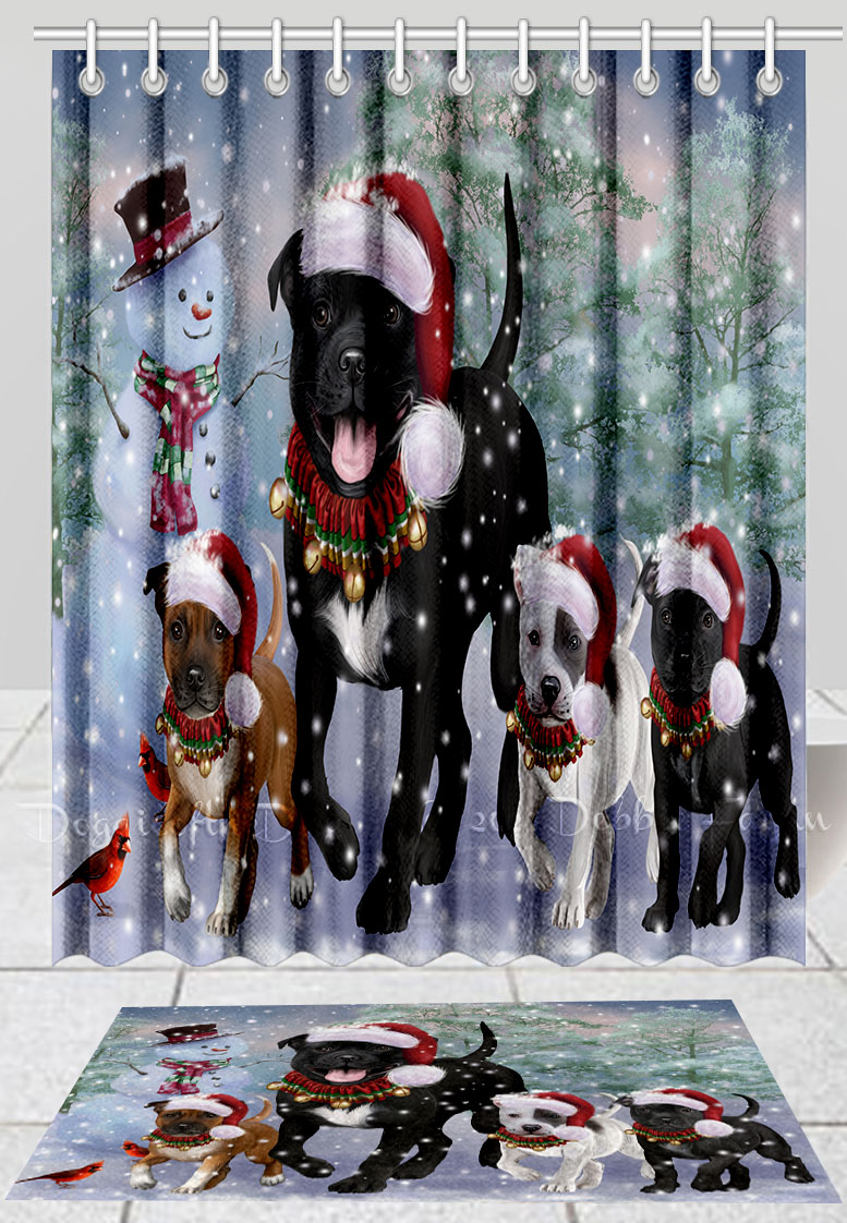 Stafforshire Bull Terrier Dog Christmas Bathtub Shower Curtain & Bath Mat Combo - Picture 2 of 3