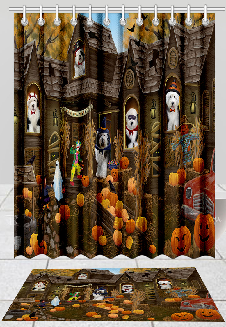 Halloween Old English Sheepdog Bath Mat & Shower Curtain Combo Bathtub Screens - Picture 12 of 13