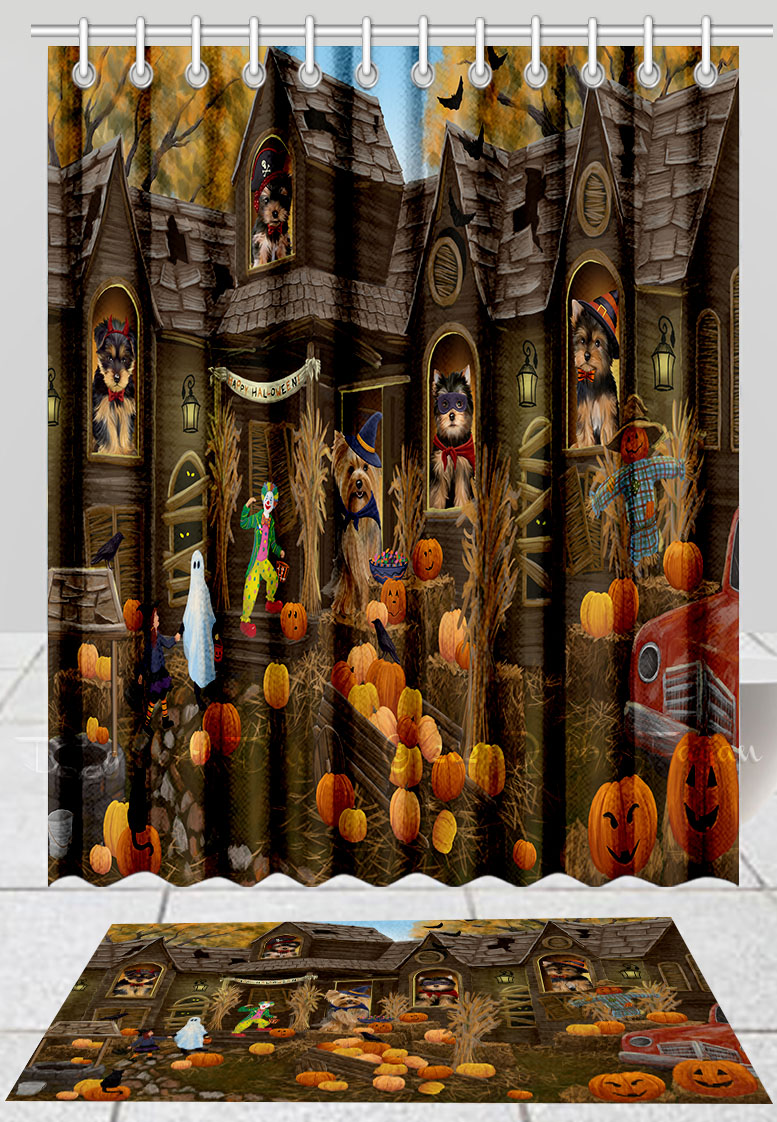 Halloween Yorkshire Terrier Dog Bath Mat & Shower Curtain Combo Bathtub Screens - Picture 12 of 13