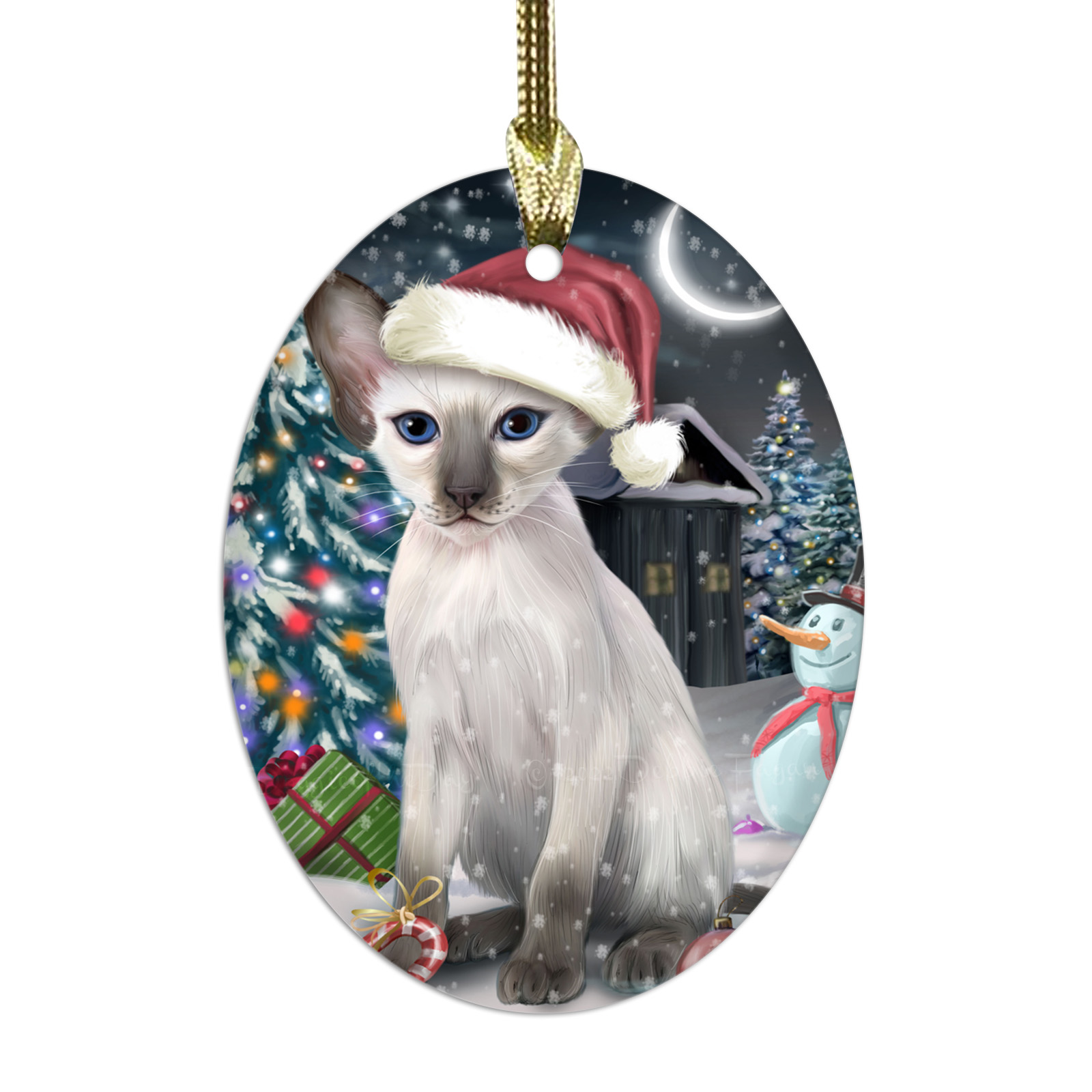 Oriental Blue-Point Siamese Cat Oval Glass Christmas Hanging Ornaments Decor - Picture 15 of 18