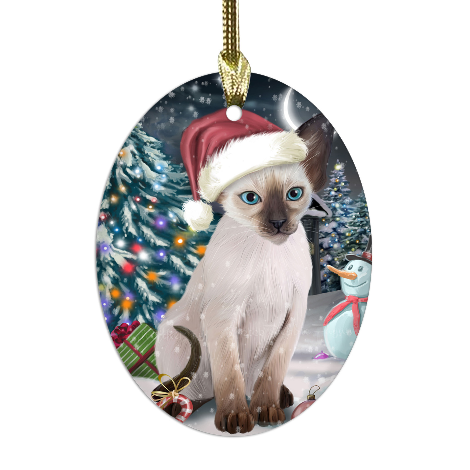 Oriental Blue-Point Siamese Cat Oval Glass Christmas Hanging Ornaments Decor - Picture 16 of 18