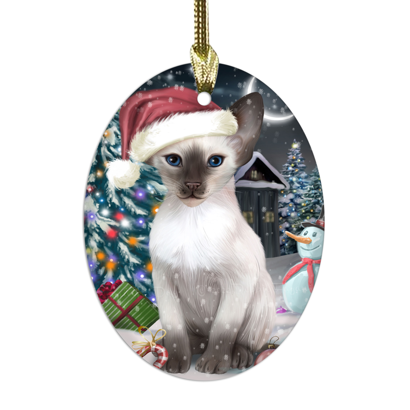 Oriental Blue-Point Siamese Cat Oval Glass Christmas Hanging Ornaments Decor - Picture 17 of 18