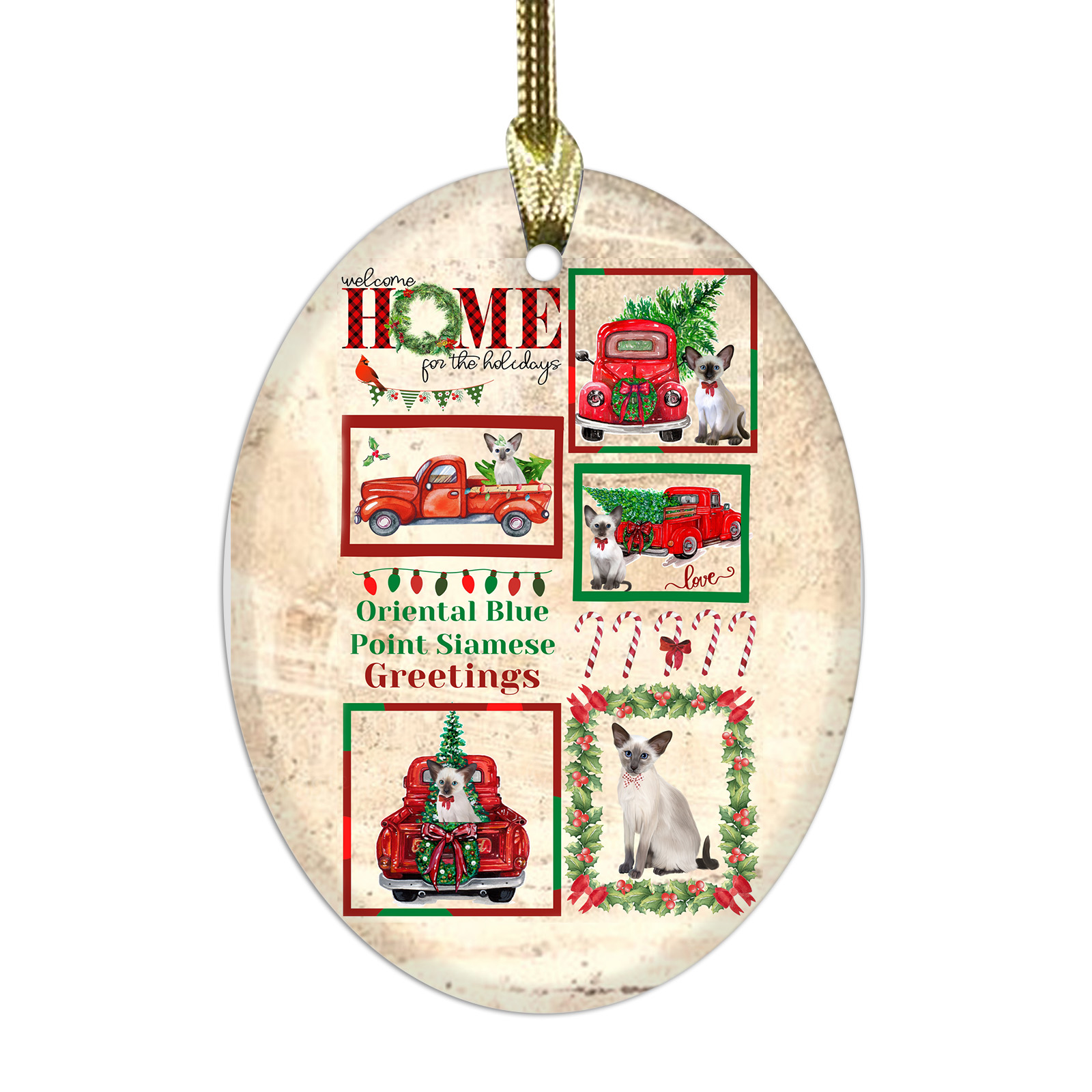 Oriental Blue-Point Siamese Cat Oval Glass Christmas Hanging Ornaments Decor - Picture 7 of 18